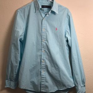 Blue and white stripe RL Polo with pink logo